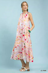 Umgee Abstract Print Tiered Halter Midi Dress