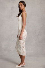 Sheer Lace Scalloped Plunge Bodysuit Midaxi Dress in White