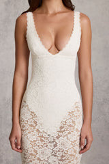 Sheer Lace Scalloped Plunge Bodysuit Midaxi Dress in White