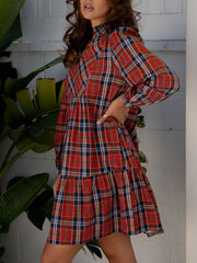 Plaid Print Frilly Collar Long Sleeve Shift Mini Dress
