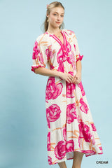 Umgee Floral Print Midi Dress with Contrast Trim