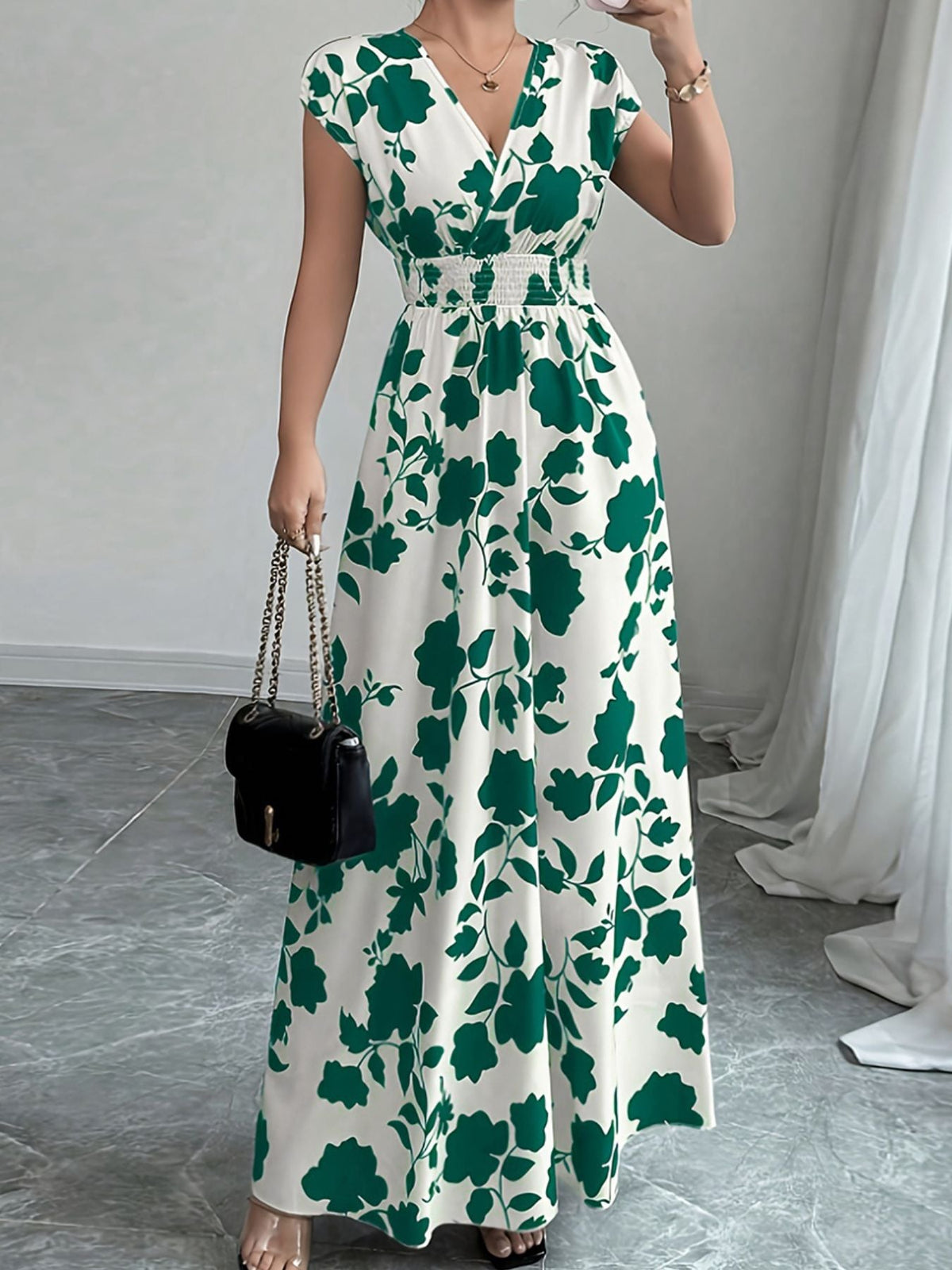 Printed Surplice Cap Sleeve Maxi Dress