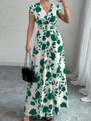 Printed Surplice Cap Sleeve Maxi Dress