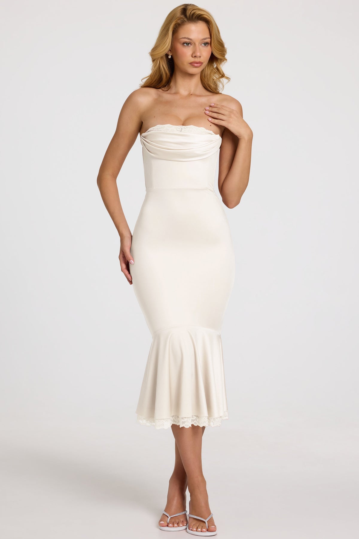 Satin Lace-Trim Bandeau Fluted Midaxi Dress in White