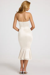 Satin Lace-Trim Bandeau Fluted Midaxi Dress in White