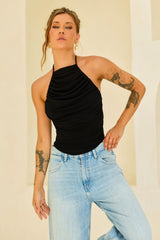 Contour Drape Ribbed Mesh Halter Top - Black