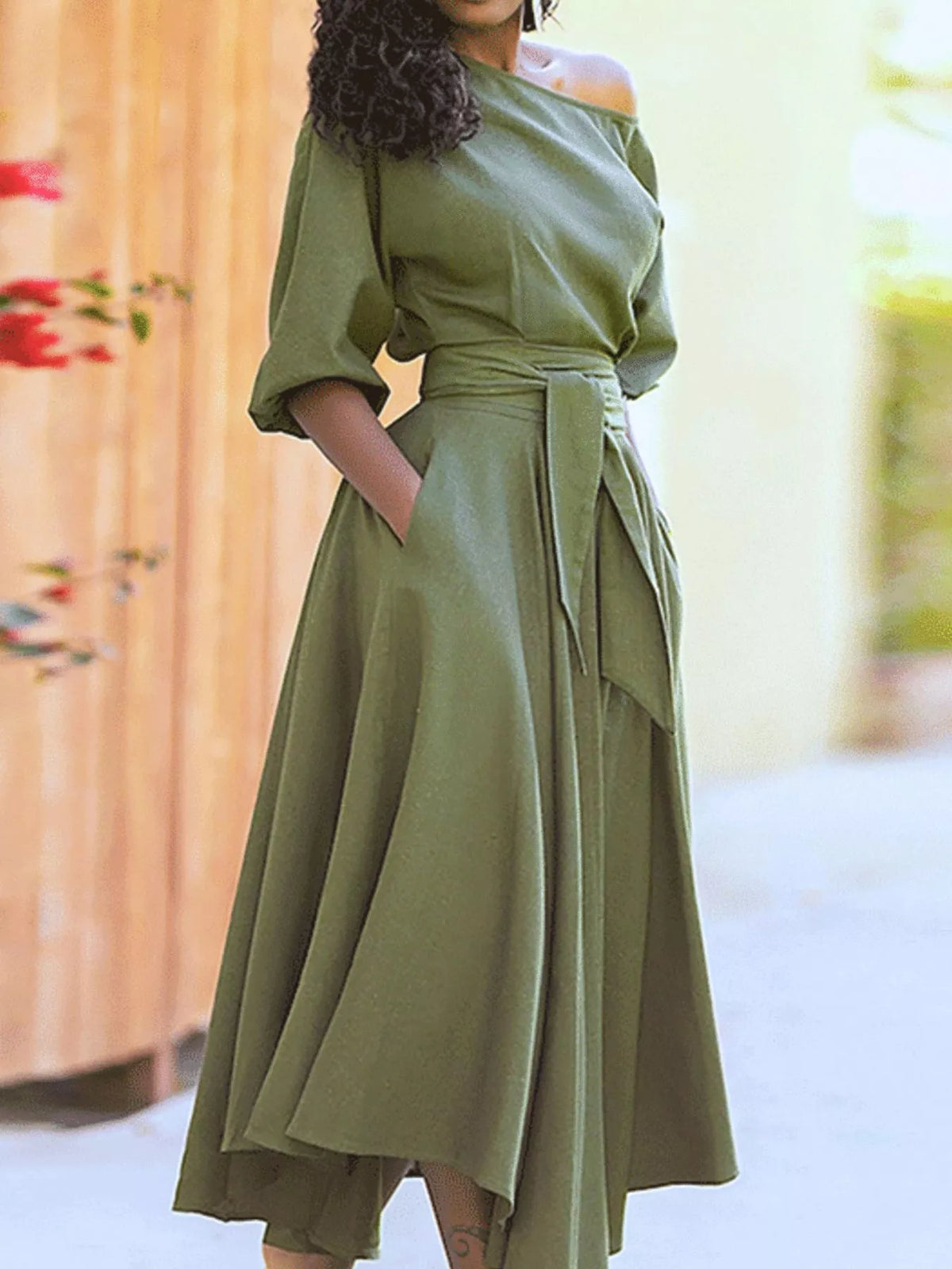 Boat Neck Tie Waist Dress