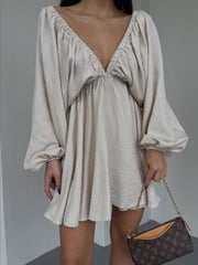 Deep V-Neck Balloon Sleeve Dress