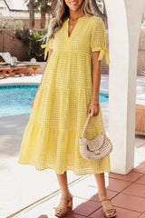 Gingham Textured Bow Tie Short Sleeve Tiered Midi Dress