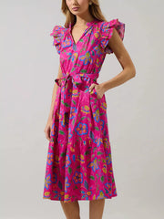 Flutter Sleeve Belted Floral Dress