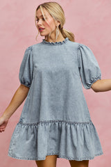 SO ME Denim Short Sleeves Mini Tiered Dress