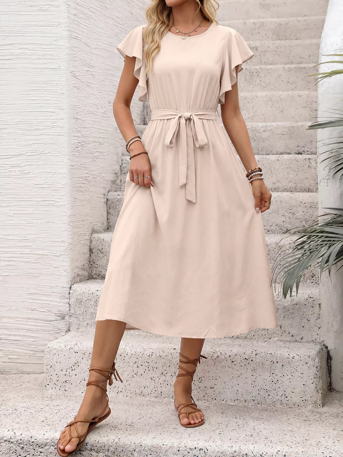 Ruffle Sleeve Tie Waist Midi Dress