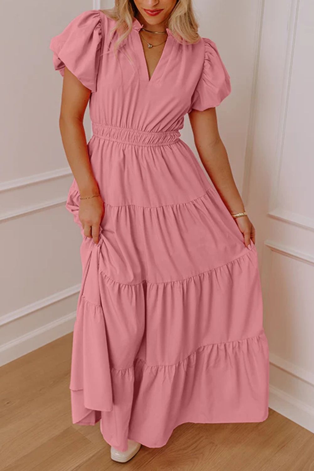 Elegant Ruffled Tiered Puff Sleeve Maxi Dress