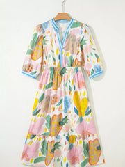 Multicolour Floral Doodle Print Striped Trim V Neck Midi Dress