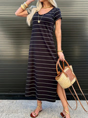 Slit Casual Striped Midi T-Shirt Dress