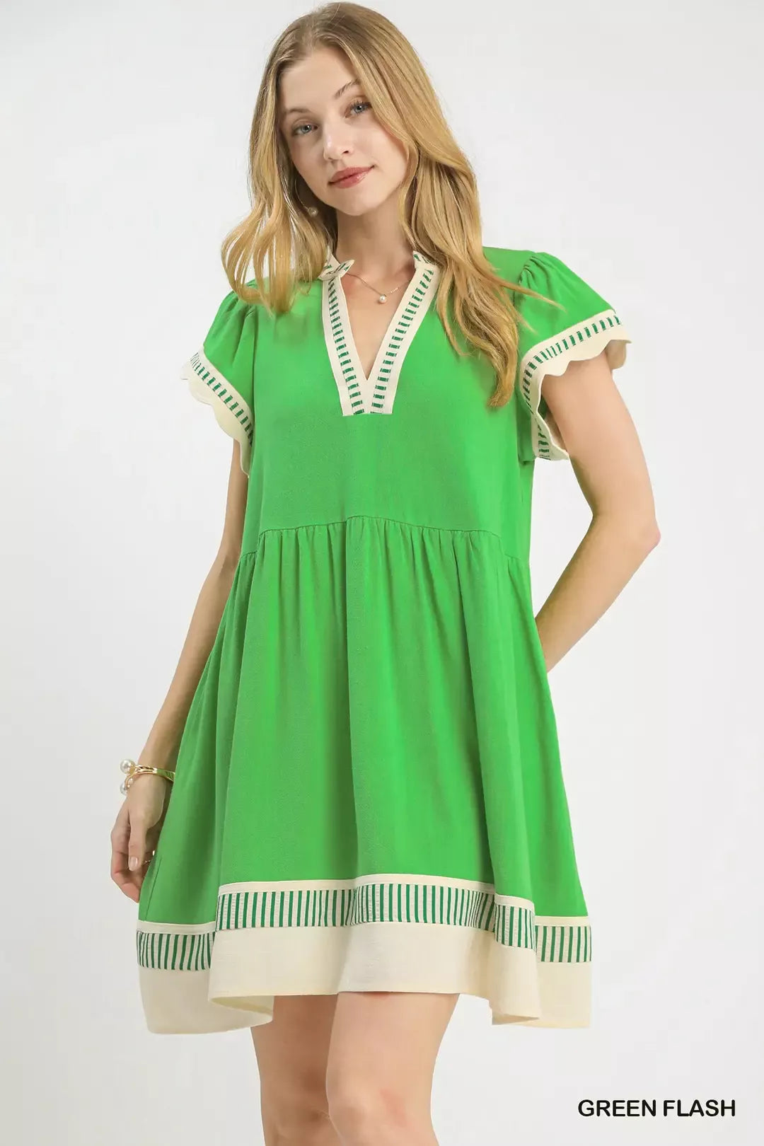 Umgee Linen Color Block Flutter Sleeve Dress
