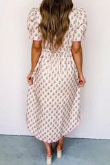 Floral Print V Neck Scallop Trim Button Front Short Sleeve Dress