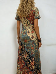 Printed V-Neck Short Sleeve Midi Dress