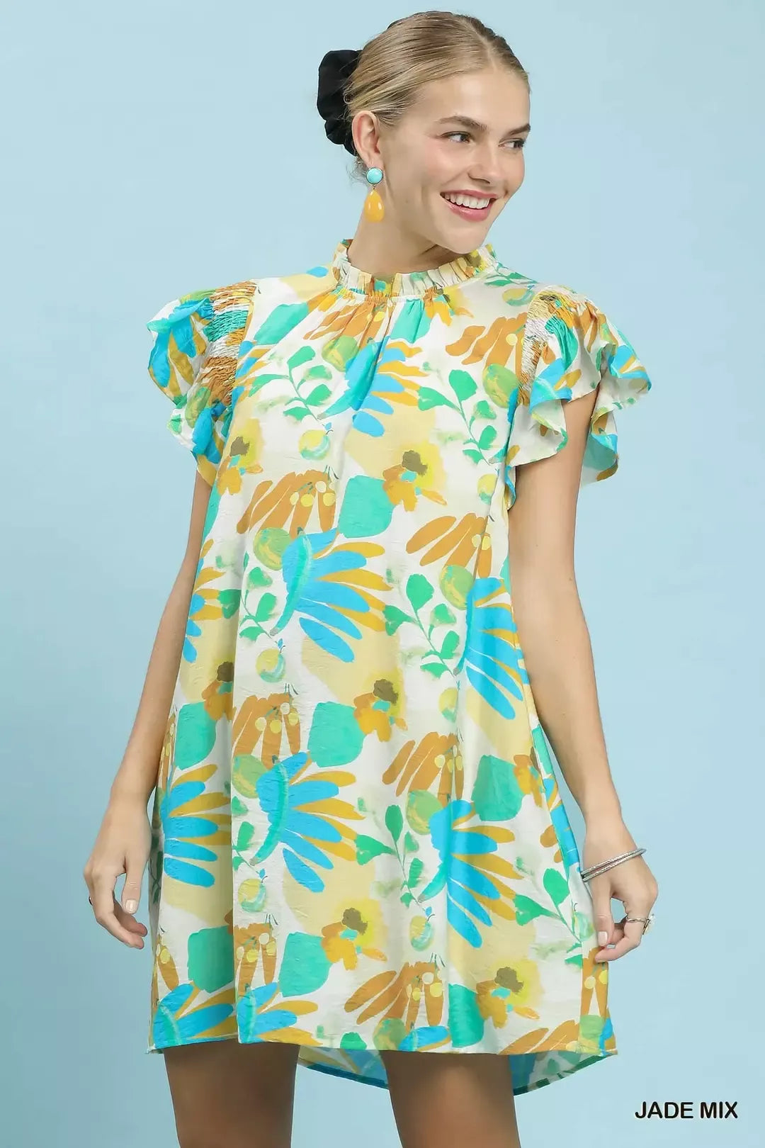 Umgee Ruffled Botanical Print Mini Dress