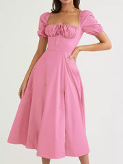 Puff Sleeve Tie Front Slit Midi Dress