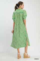 Umgee Printed Puff Sleeve Midi Dress with Pockets