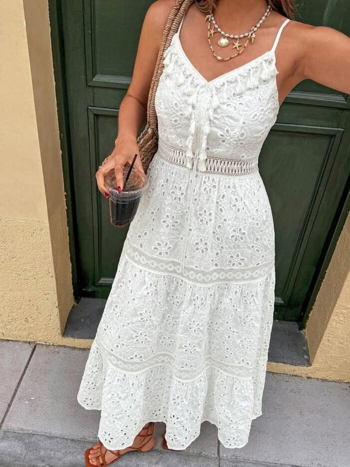 Eyelet Embroidered Cami Dress with Tassel Detail
