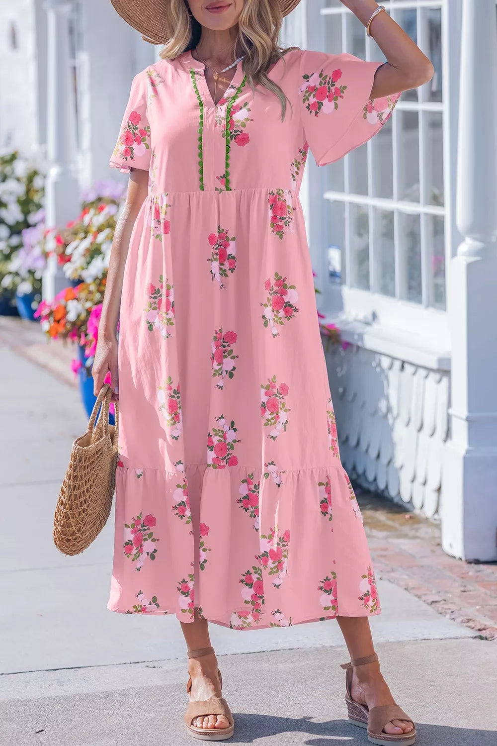 Notched Neck Flutter Short Sleeve Floral Print Dress