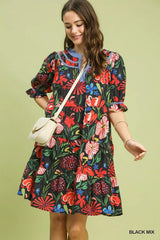 Umgee Floral Tiered Puff Sleeve Dress