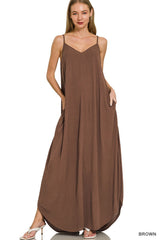 Zenana Woven Crinkle Cami Maxi Dress with Side Pockets
