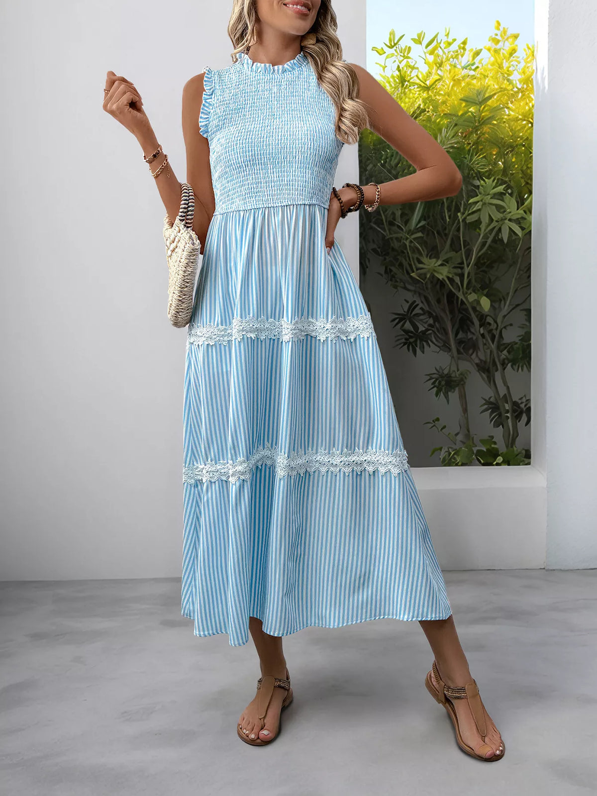 Striped Smocked Sleeveless Tiered Midi Dress