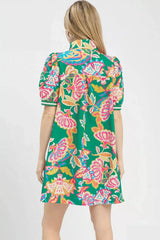 Umgee Jacquard Paisley Print Puff Sleeve Tunic Dress
