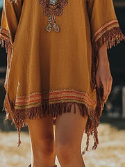 Fringe Hem 3/4 Sleeve Mini Dress