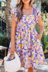Floral Print Flutter Sleeve Striped Trim Square Neck Loose Mini Dress
