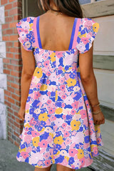 Floral Print Flutter Sleeve Striped Trim Square Neck Loose Mini Dress