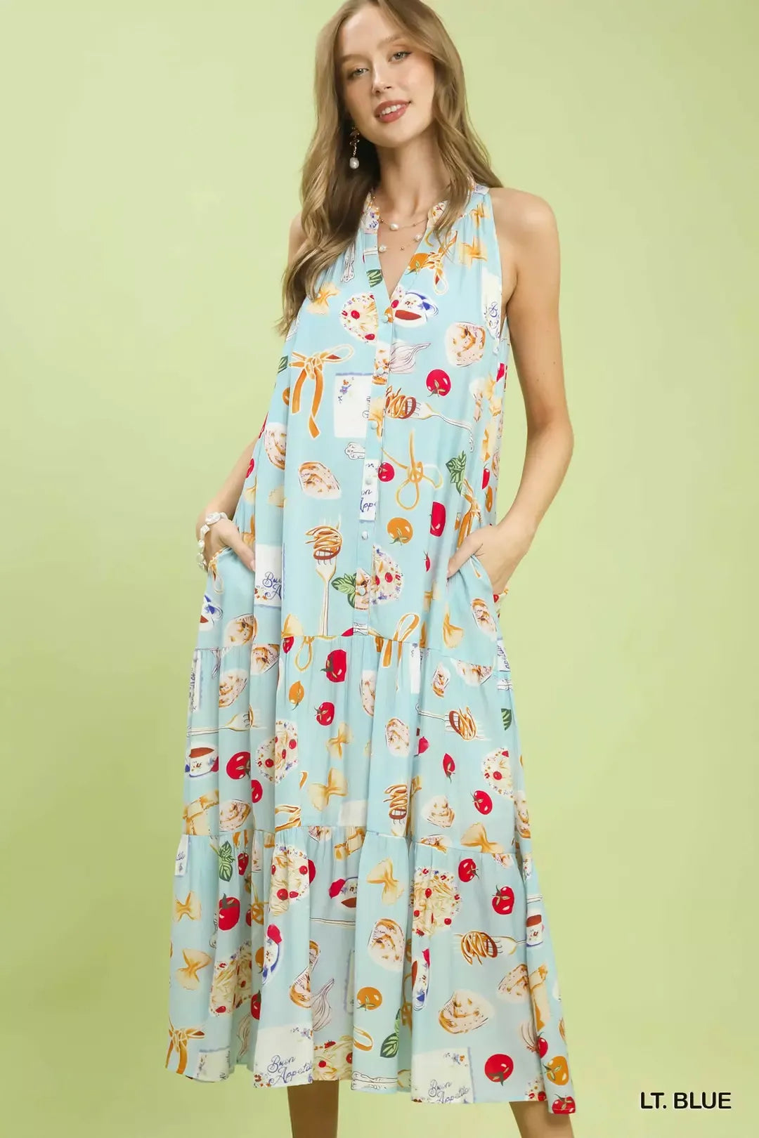Umgee Abstract Print Tiered Halter Midi Dress