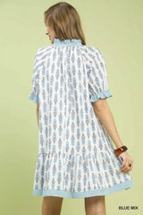 Umgee Striped Trim Floral Tiered Mini Dress