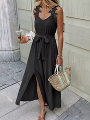 Lace Trim Slit Maxi Dress