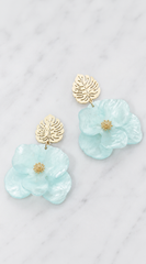 Faya Tropical Leaf Flower Drop Earrings - Blue
