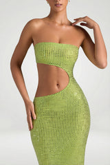 Embellished Cut-Out Bandeau Maxi Dress in Pear Green