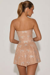 Embellished Strappy Skater Mini Dress in Almond