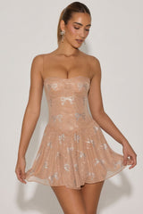 Embellished Strappy Skater Mini Dress in Almond