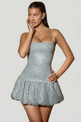 Embellished Bubble Hem Mini Dress in Silver