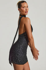 Embellished Scarf-Detail Halterneck Mini Dress in Black