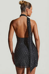 Embellished Scarf-Detail Halterneck Mini Dress in Black