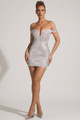 Embellished Off-Shoulder Mini Dress in White