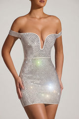 Embellished Off-Shoulder Mini Dress in White