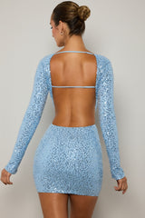 Embellished Cut-Out Mini Dress in Light Blue