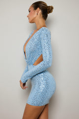 Embellished Cut-Out Mini Dress in Light Blue