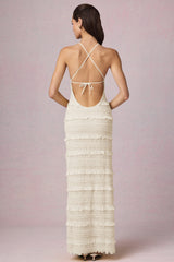 Ruffled Backless Halterneck Maxi Dress in Ivory