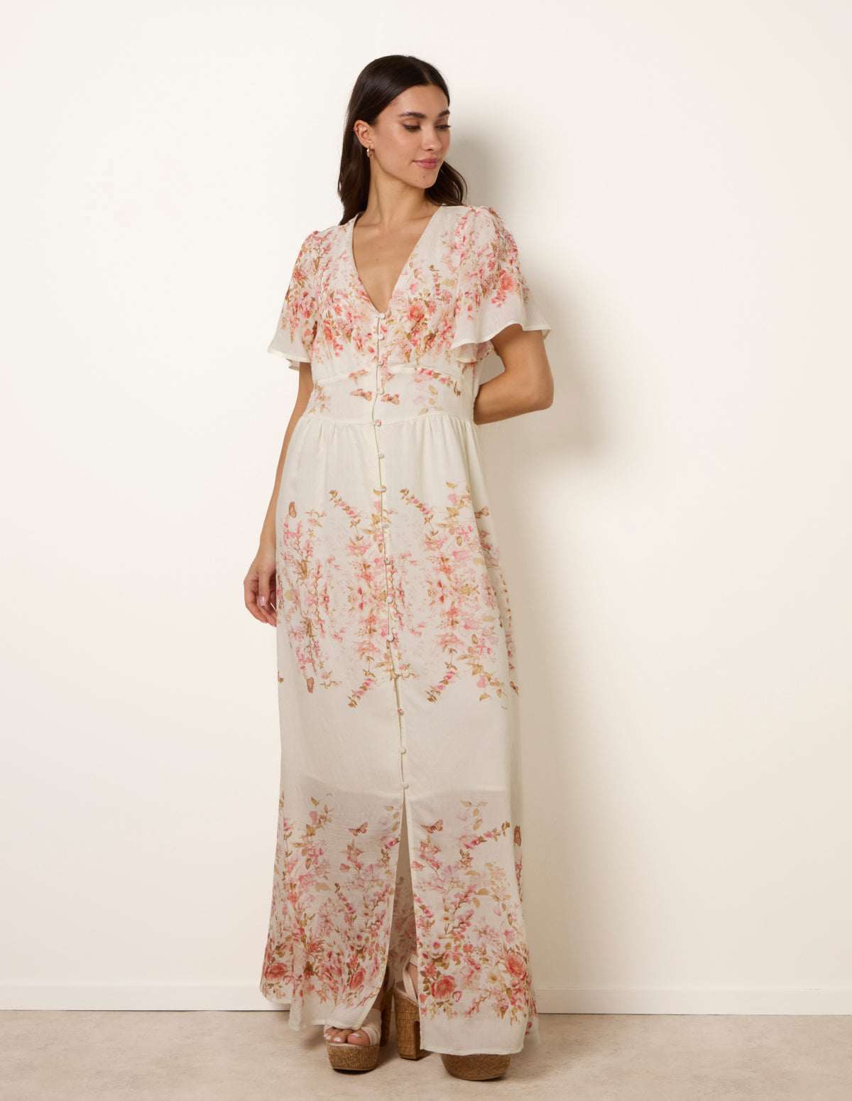 Floral Print Button Front Maxi Dress